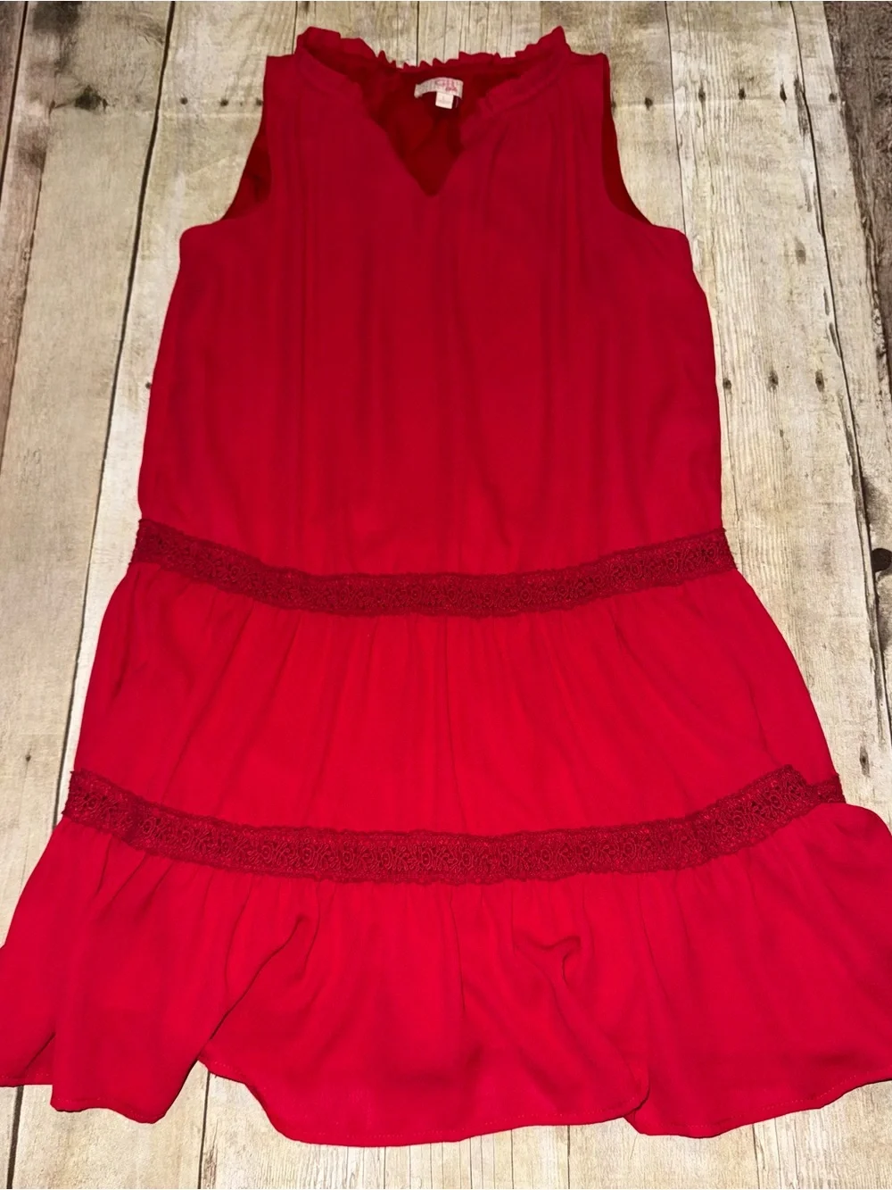 GB Girls Bright Red Tiered Dress with Lace Trim